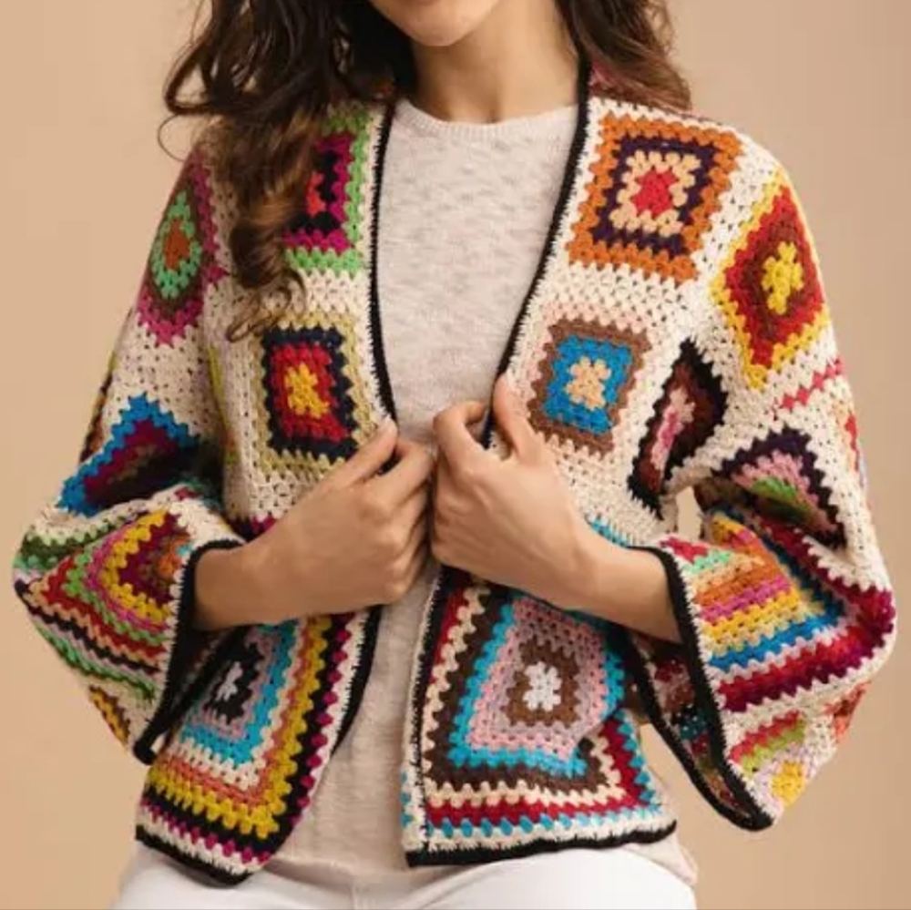 Saachi Hand Crochet Granny Square Cardigan One Size